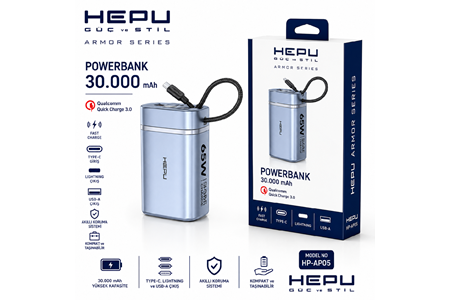 HEPU HP-AP05 Armor Powerbank – 30.000 mAh, 65W Hızlı Şarj, Type-C, Lightning ve USB-A Çıkışlı