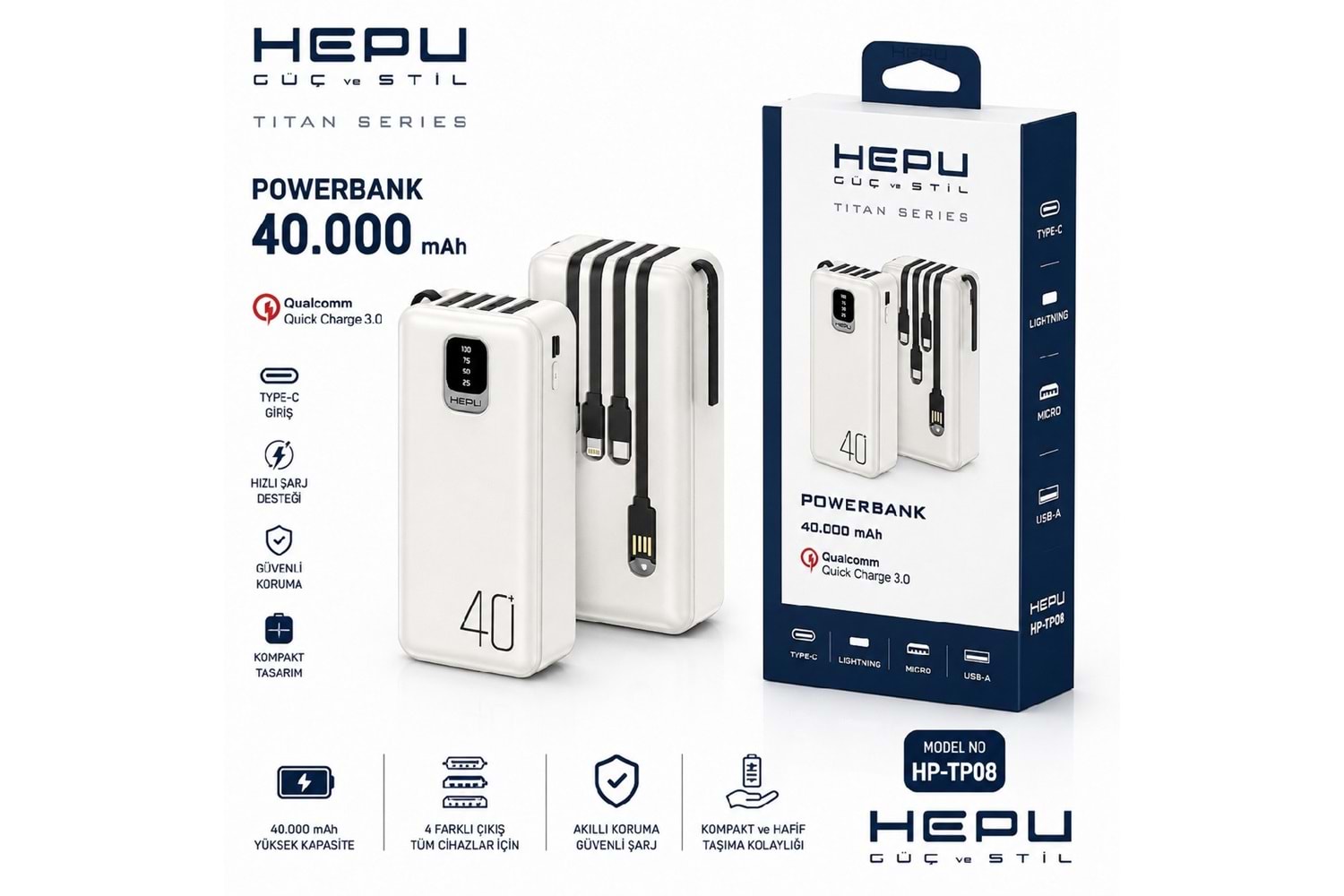HEPU HP-TP08 Titan Series Powerbank – 40.000 mAh, 4 Entegre Kablolu, Dijital Göstergeli, Hızlı Şarj Destekli