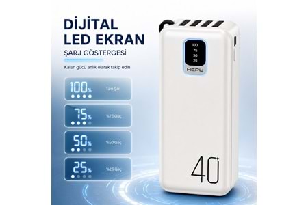 HEPU HP-TP08 Titan Series Powerbank – 40.000 mAh, 4 Entegre Kablolu, Dijital Göstergeli, Hızlı Şarj Destekli
