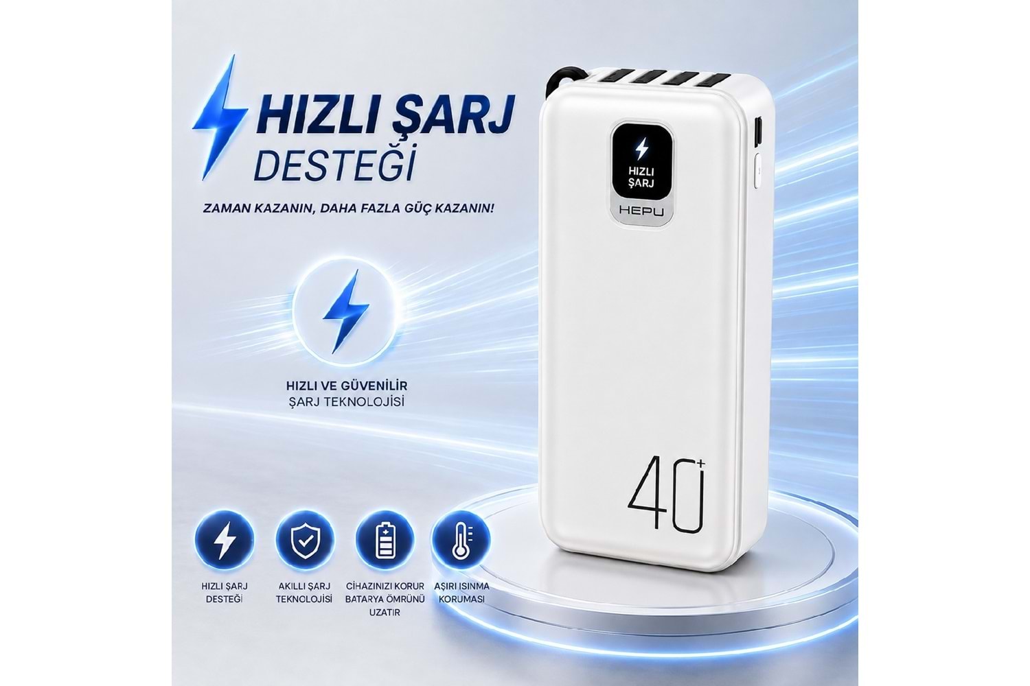 HEPU HP-TP08 Titan Series Powerbank – 40.000 mAh, 4 Entegre Kablolu, Dijital Göstergeli, Hızlı Şarj Destekli