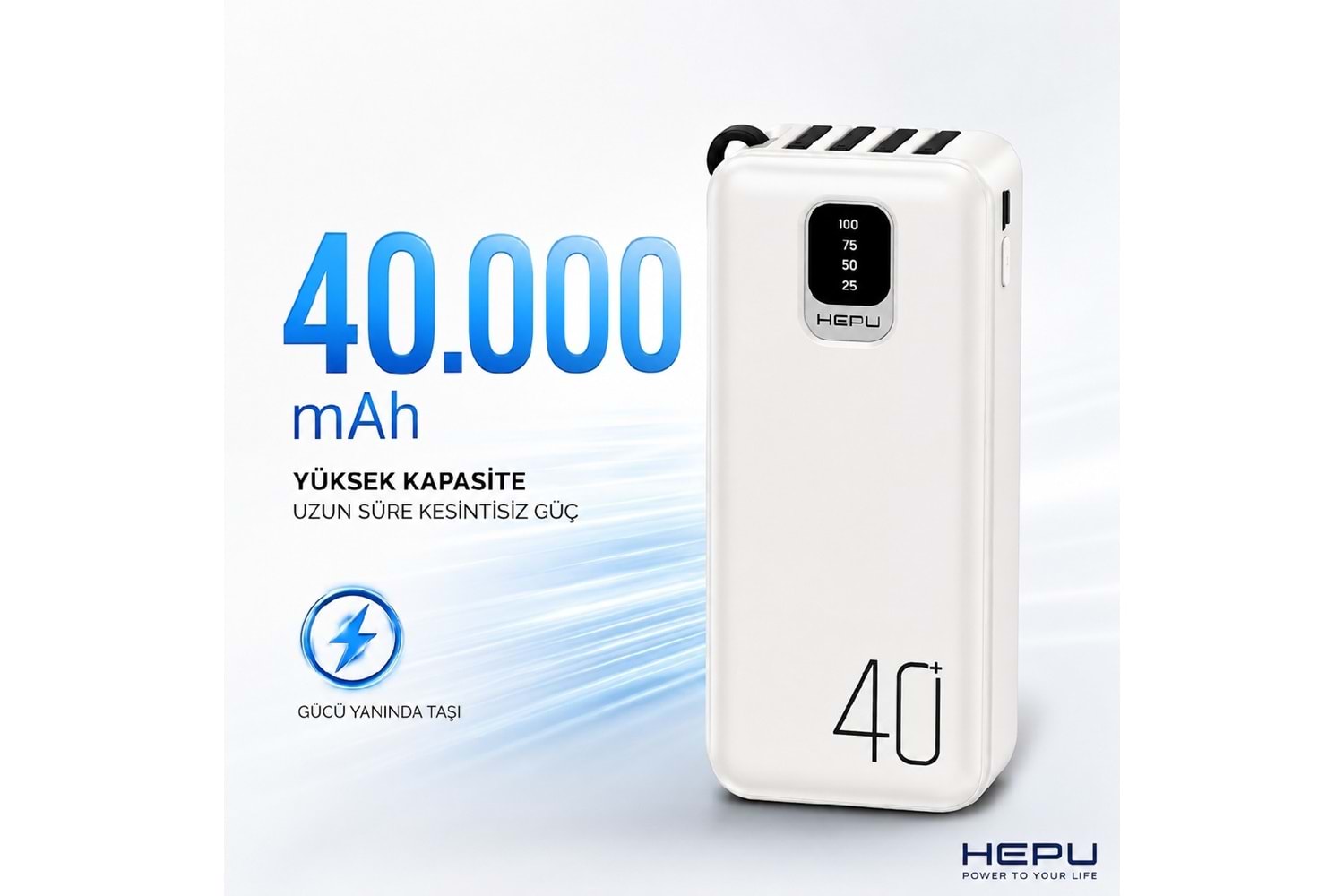 HEPU HP-TP08 Titan Series Powerbank – 40.000 mAh, 4 Entegre Kablolu, Dijital Göstergeli, Hızlı Şarj Destekli