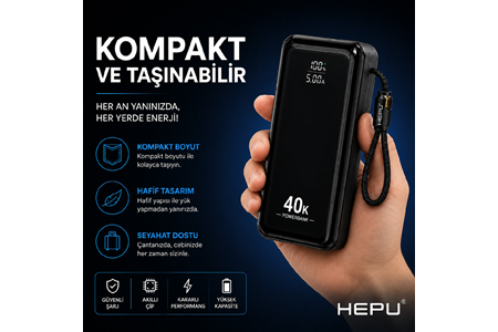 HEPU HP-AP11 Armor Powerbank – 40.000 mAh, Entegre Çoklu Kablolu, Dijital Göstergeli, Hızlı Şarj Destekli