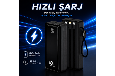 HEPU HP-AP12 Armor Powerbank – 50.000 mAh, Entegre Çoklu Kablolu, Dijital Göstergeli, Hızlı Şarj Destekli