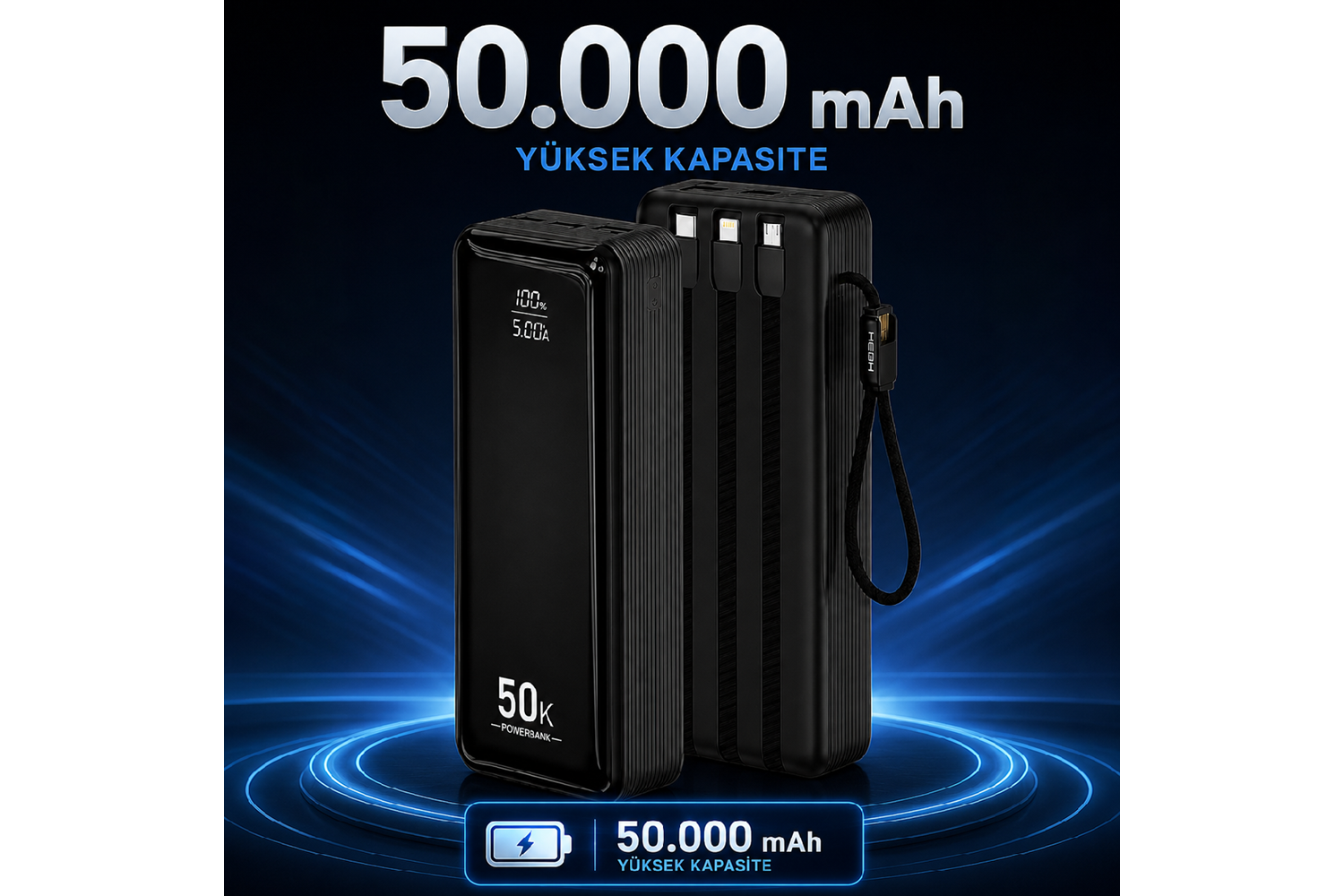 HEPU HP-AP12 Armor Powerbank – 50.000 mAh, Entegre Çoklu Kablolu, Dijital Göstergeli, Hızlı Şarj Destekli
