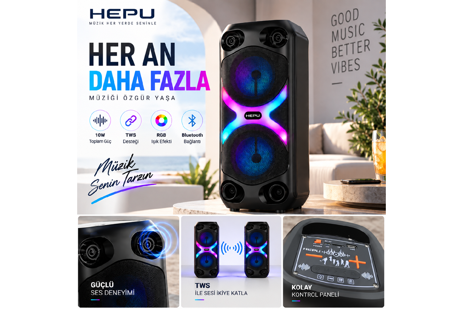 HEPU HP-MS06 10W Kablosuz Partybox Hoparlör – TWS, RGB Işıklı