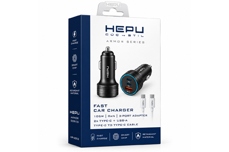 HEPU HP-AD02 105W Araç Şarj Cihazı – 3 Port, Hızlı Şarj, Type-C to Type-C Kablo Dahil