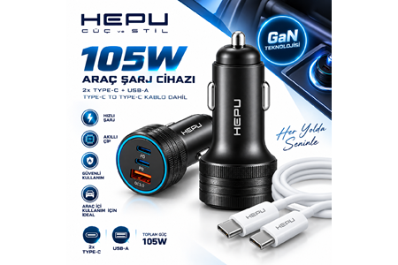 HEPU HP-AD02 105W Araç Şarj Cihazı – 3 Port, Hızlı Şarj, Type-C to Type-C Kablo Dahil