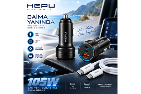 HEPU HP-AD02 105W Araç Şarj Cihazı – 3 Port, Hızlı Şarj, Type-C to Type-C Kablo Dahil