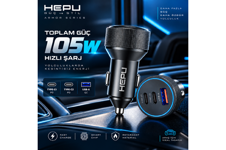 HEPU HP-AD05 105W Araç Şarj Cihazı – 3 Port, Hızlı Şarj