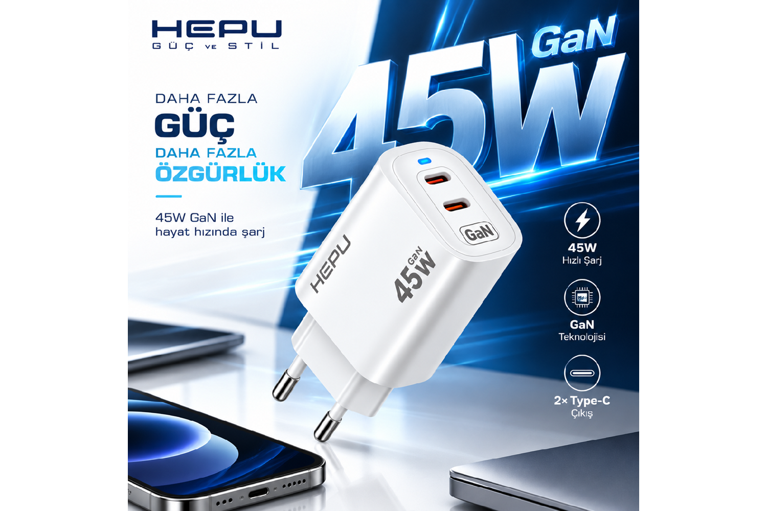 HEPU HP-AC06 45W GaN PD Şarj Adaptörü – Hızlı Şarj