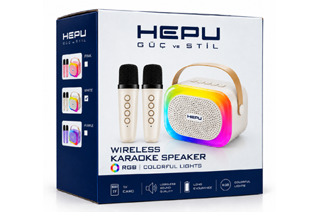 HEPU HP-MS02 5W Kablosuz Karaoke Hoparlör – 2 Mikrofonlu, RGB Işıklı