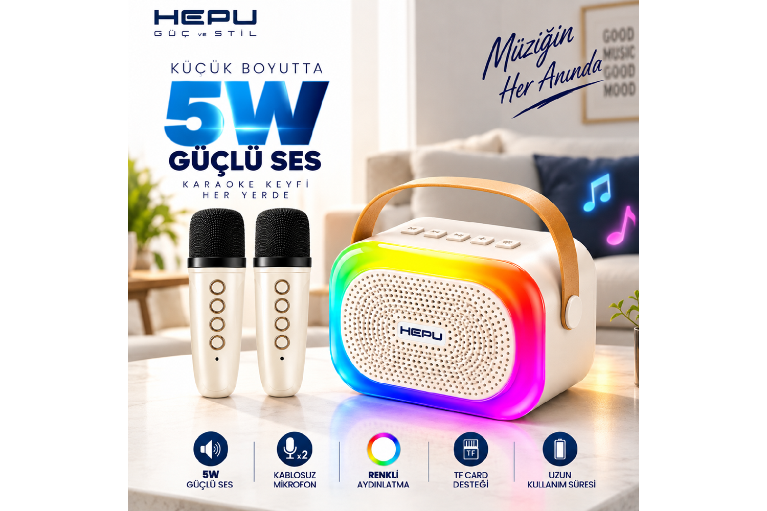 HEPU HP-MS02 5W Kablosuz Karaoke Hoparlör – 2 Mikrofonlu, RGB Işıklı
