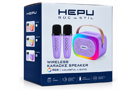 HEPU HP-MS02 5W Kablosuz Karaoke Hoparlör – 2 Mikrofonlu, RGB Işıklı