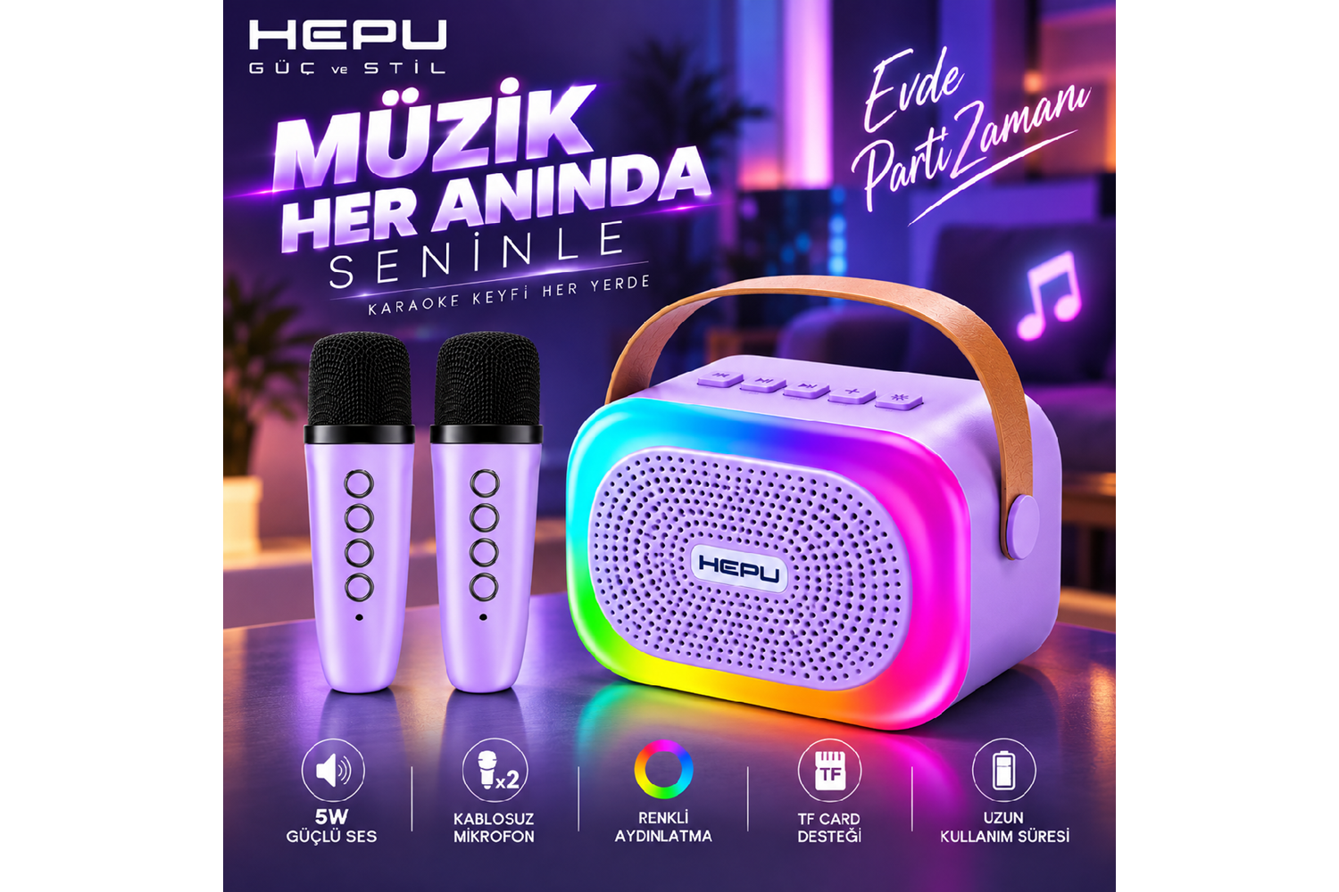HEPU HP-MS02 5W Kablosuz Karaoke Hoparlör – 2 Mikrofonlu, RGB Işıklı