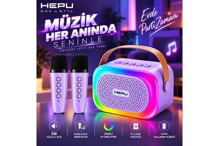 HEPU HP-MS02 5W Kablosuz Karaoke Hoparlör – 2 Mikrofonlu, RGB Işıklı