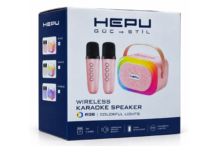 HEPU HP-MS02 5W Kablosuz Karaoke Hoparlör – 2 Mikrofonlu, RGB Işıklı