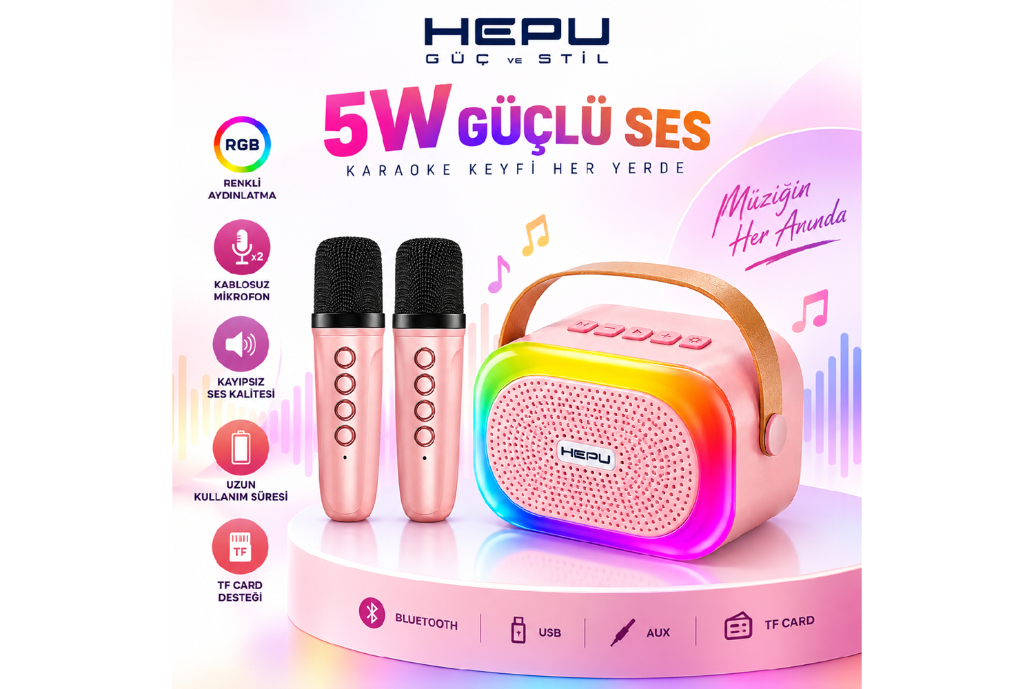 HEPU HP-MS02 5W Kablosuz Karaoke Hoparlör – 2 Mikrofonlu, RGB Işıklı